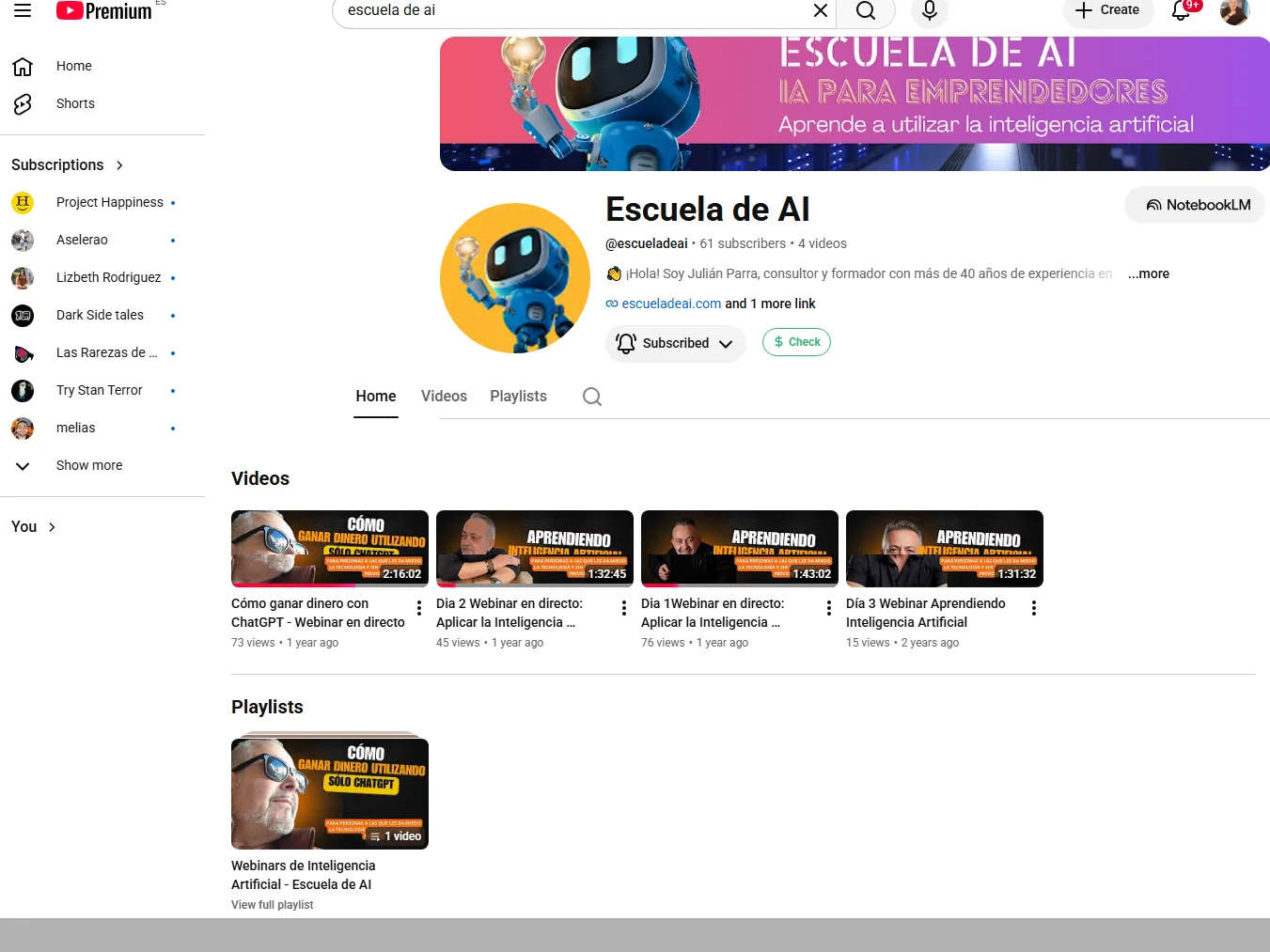 Canal de YouTube Escuela de AI con webinars publicados